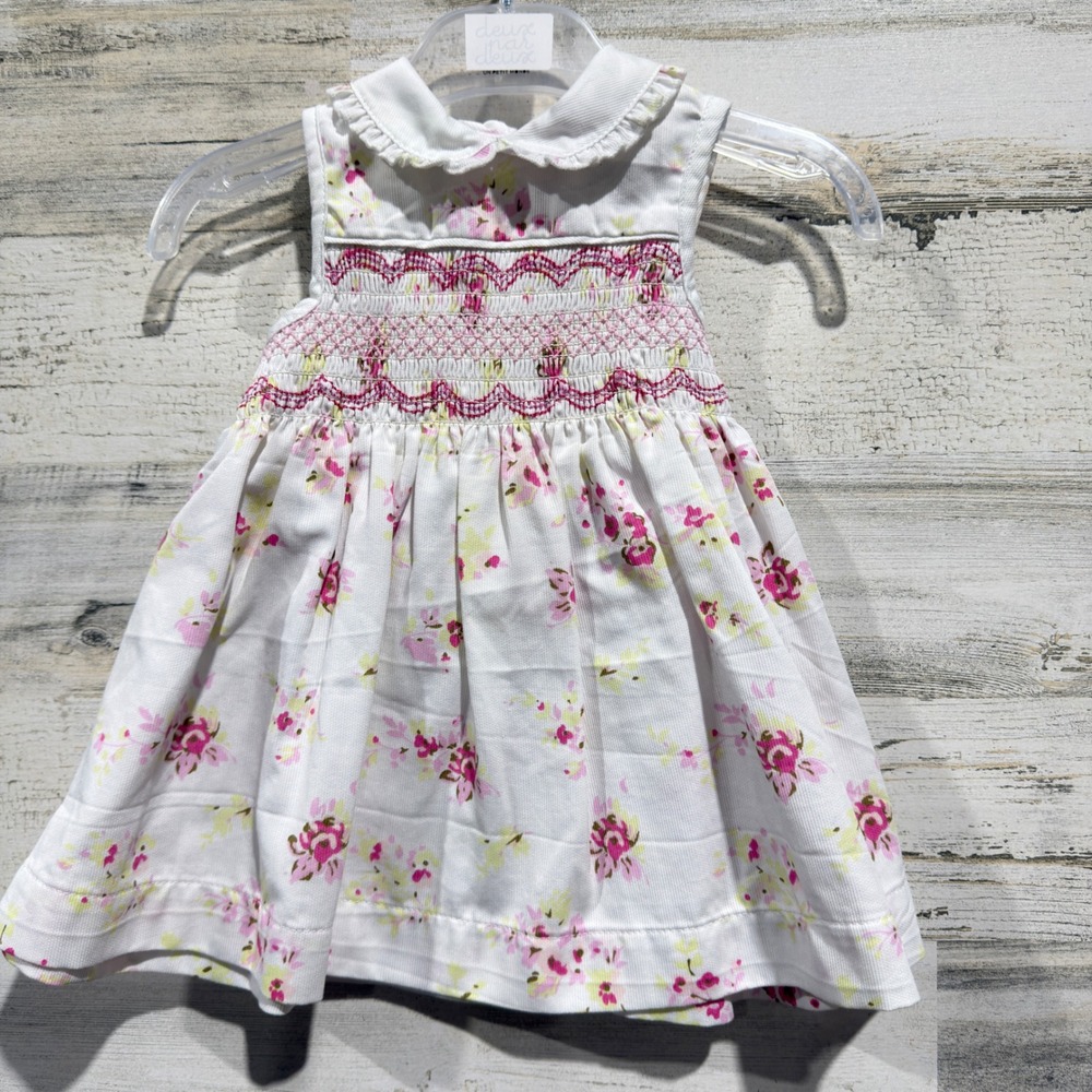 Laura Ashley Smocked Dress Girls 6 Month White Pink Floral Cottagecore EUC
